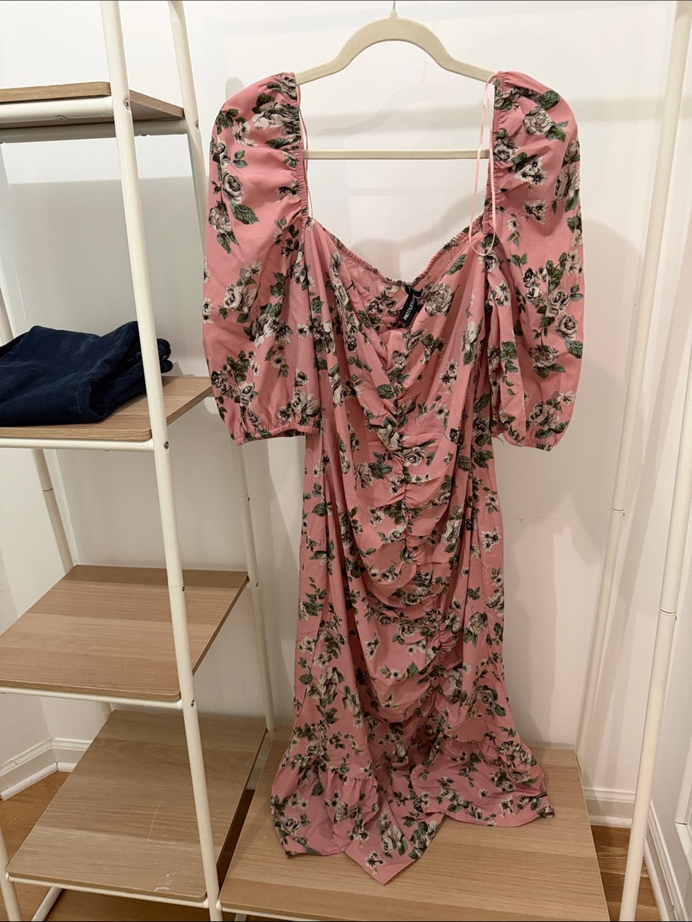 PrettyLittleThing Pink Floral Ruched Midi Dress with Puff Sleeves